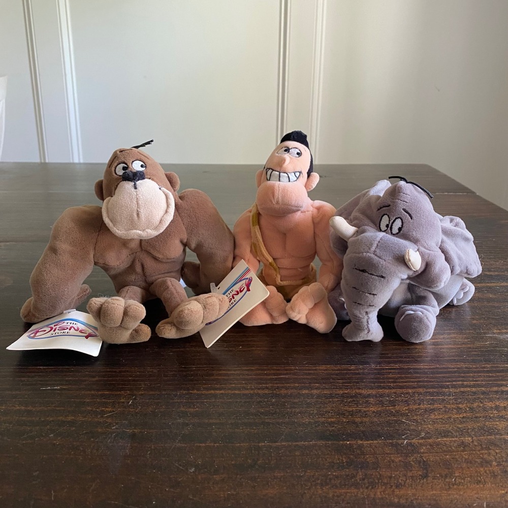 Disney Store George of the Jungle Plush Set George Ape Shep Bean Bag 8" 1997